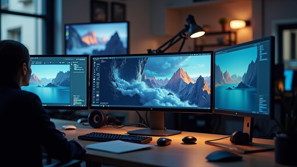 Estudio de animación con equipos profesionales y monitores de alta resolución mostrando proyectos