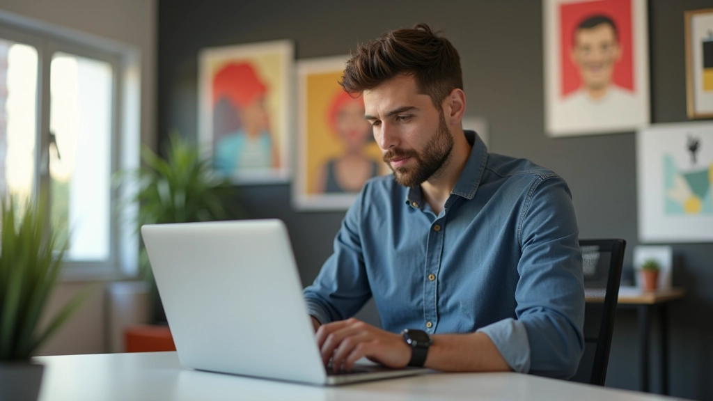 Profesional de diseño trabajando en laptop mostrando herramientas de animación de marca