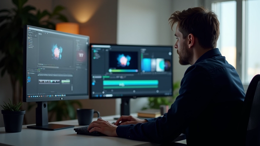 Diseñador ajustando especificaciones de video en software de edición, mostrando múltiples formatos de aspecto lado a lado