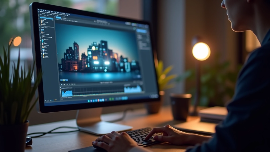 Monitor de computadora mostrando software de animación con timeline y propiedades de easing